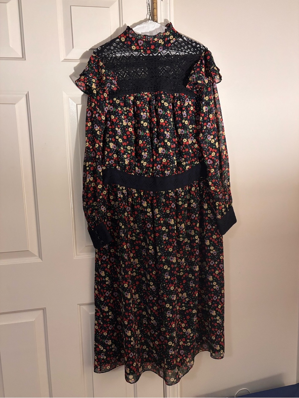 ModCloth Anna Sui Black Floral Lace-Yoke Long Sleeve Midi Dress
